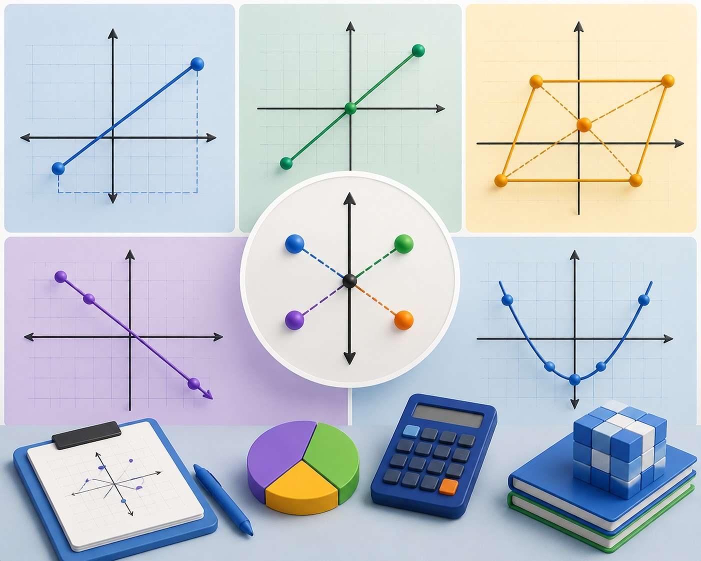 **Alt text:** Coordinate geometry GMAT question types illustration featuring coordinate planes, plotted points, distance lines, slope graphs, midpoint concepts, geometric shapes, calculator and mathematical problem-solving elements.